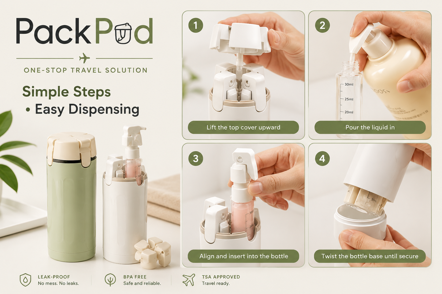 PackPod™-travel bottle for lotion, soap, etc