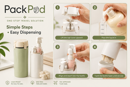 PackPod™-travel bottle for lotion, soap, etc