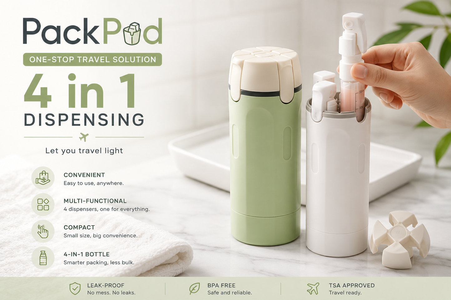 PackPod™-travel bottle for lotion, soap, etc